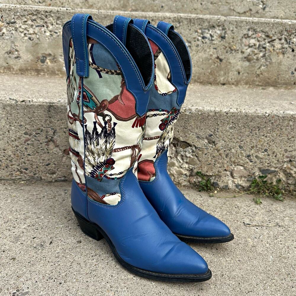 Vintage Capezio Blue Western Cowboy Boots Printed Shaft Women’s 6.5